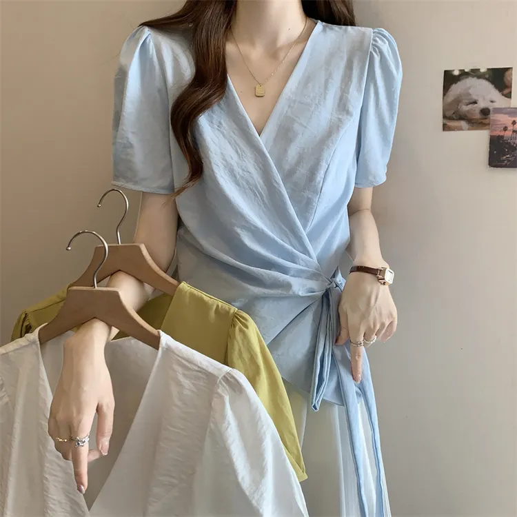 大码夏季设计感V领交叉绑带不规则收腰显瘦百搭上衣衬衫女8182