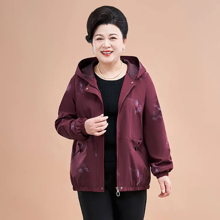 阔太太气质上衣春季新中式印花连帽拉链款外套妈妈装春装洋气风衣