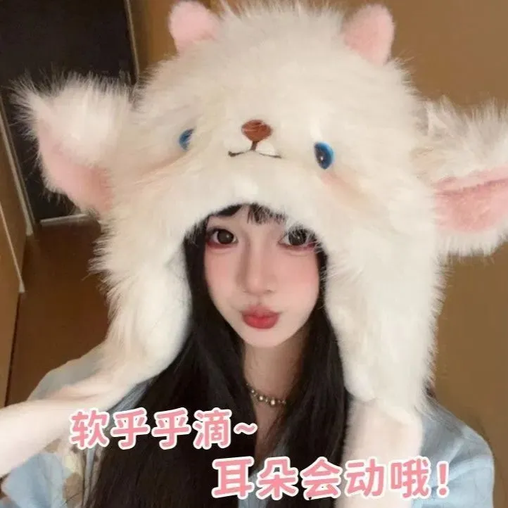 帽子新款卡通小羊加绒冬季耳朵毛线帽子女毛绒保暖护耳会动加厚yw