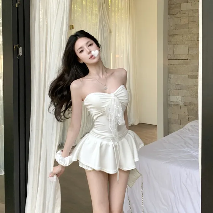 蕾丝飘带蝴蝶结抹胸背心女夏季辣妹性感套装蓬蓬a字半身裙两件套