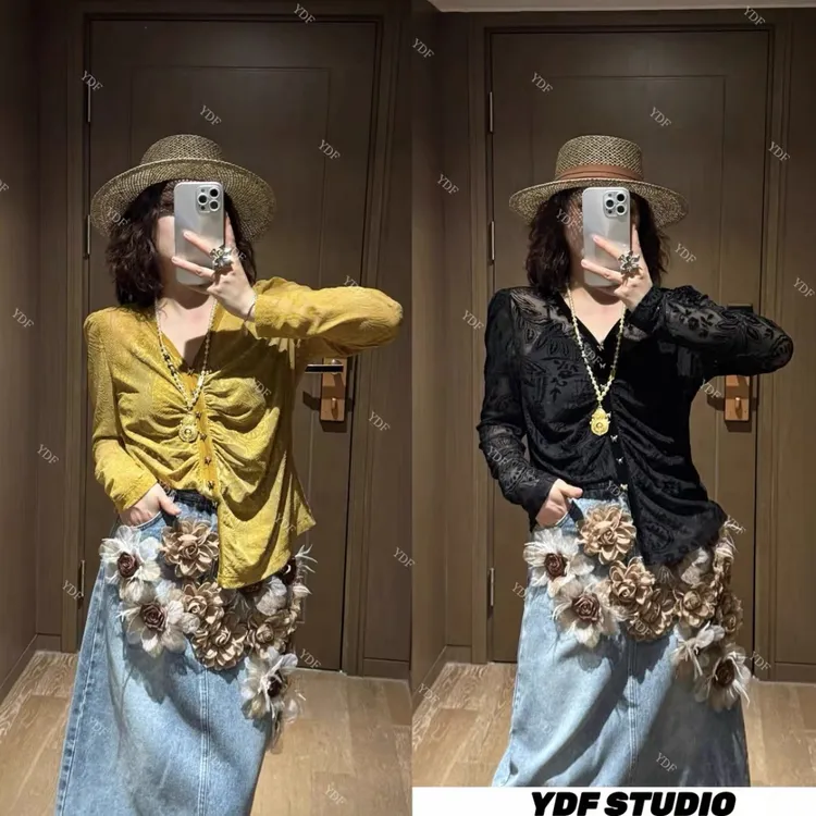 欧洲站2025早秋新款V领不规则下摆拼接蕾丝褶皱长袖T恤上衣88395