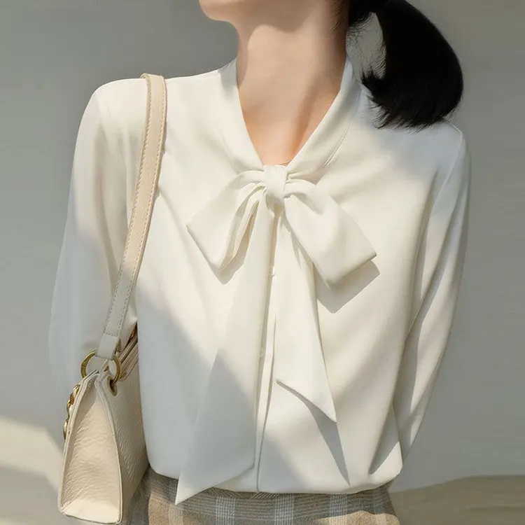 KALUOLAI/卡洛莱醋酸缎面衬衫女春夏季小香风蝴蝶结飘带长袖上衣