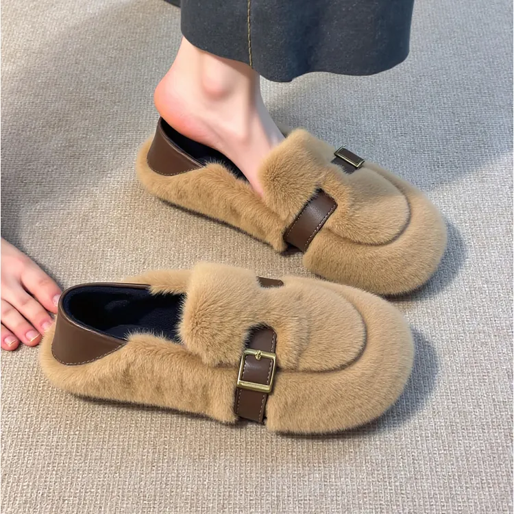 兔毛绒毛毛鞋女秋冬季外穿2025复古高级感皮带扣两穿软底豆豆棉鞋