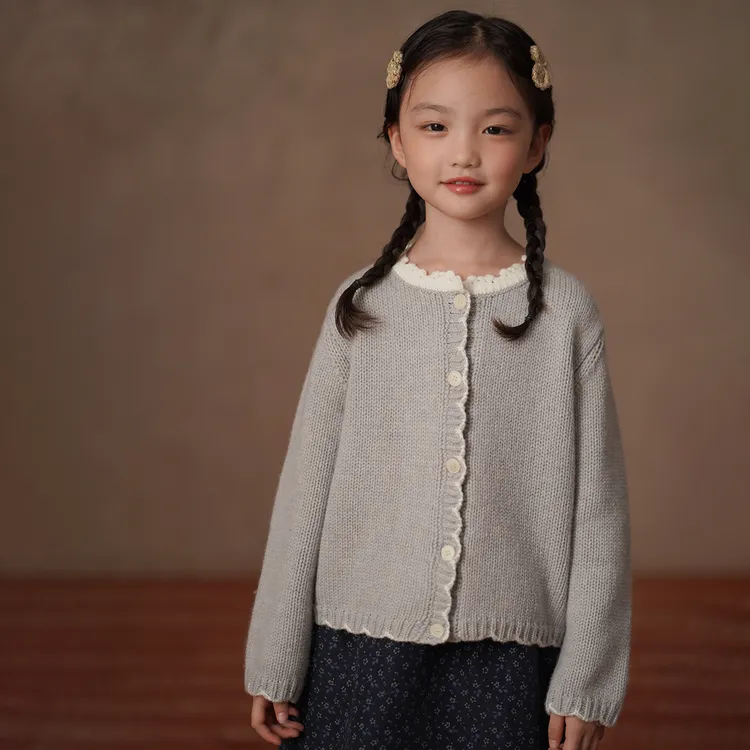 哈齿童装冬季儿童毛衣甜美花边撞色上衣女孩羊毛衫女童针织开衫厚