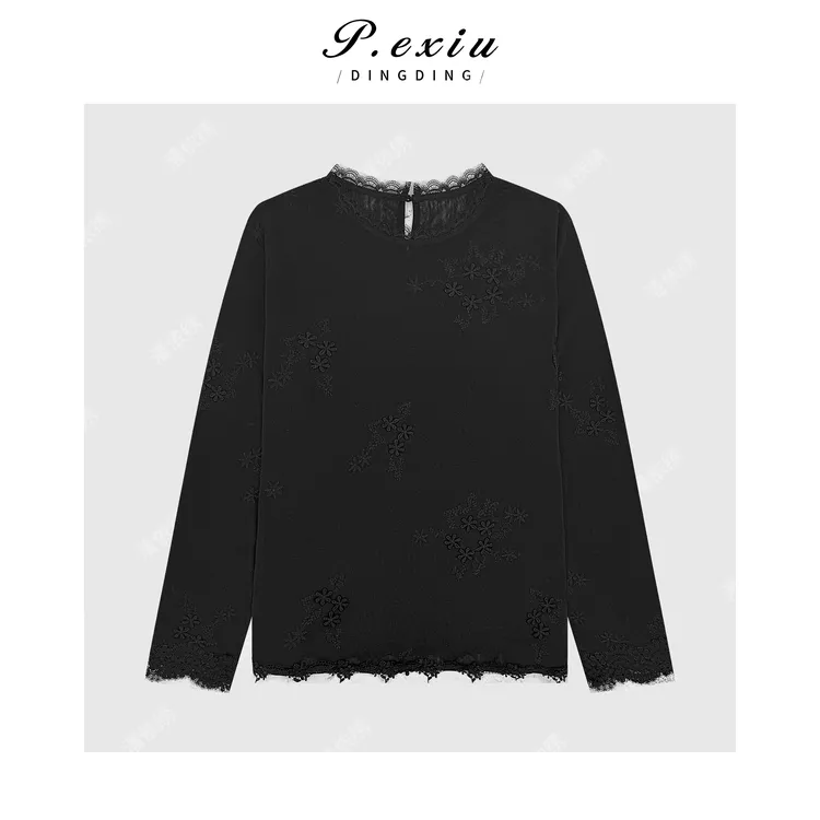 PanYiXiu/潘依绣高级感立体刺绣拼接蕾丝边圆领长袖衬衫W-63696