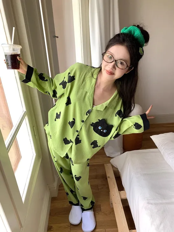 撞色可爱猫咪睡衣女春秋季2025新款长袖薄款小个子开衫家居服套装
