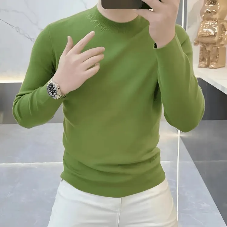 男士秋冬季新品高品质刺绣提花修身圆领针织衫毛衣潮流保暖气质男