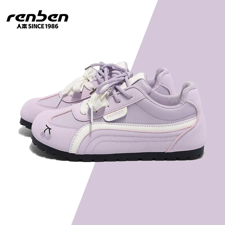 人本体育旗舰店2025紫色系软底软面百搭休闲鞋ins圆头低跟通勤鞋