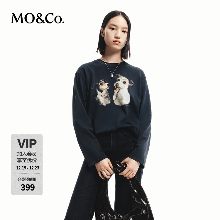 MOCO复古小狗印花宽松圆领长袖棉T恤MBD3TEEK02