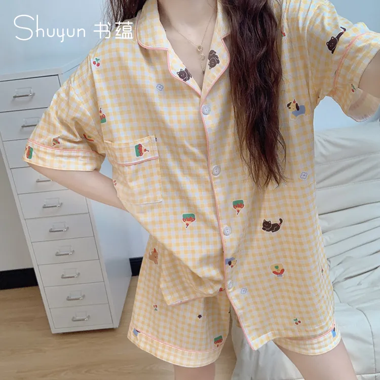 短袖夏季女生睡衣家居服套装日系薄款夏天学生甜美宽松大码可外穿