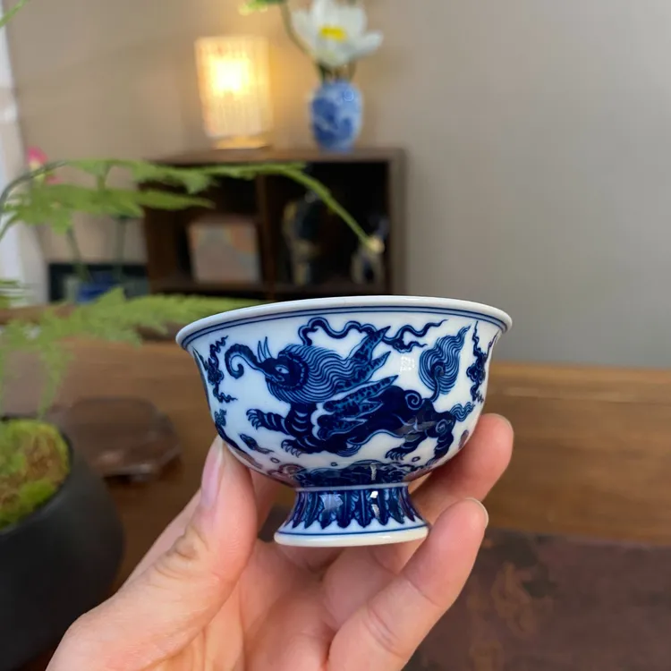 【记石柴窑】仿明海水飞象小高足杯 景德镇纯手工手绘茶器茶具