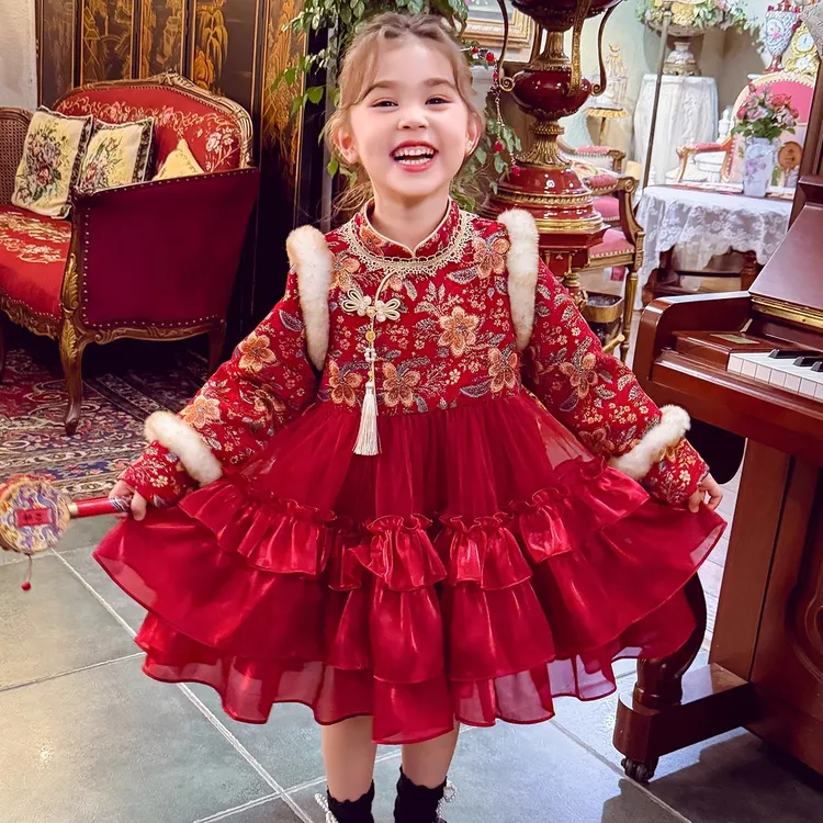 女童拜年服冬2025新款儿童国风加绒红色连衣裙女孩唐装礼服公主裙