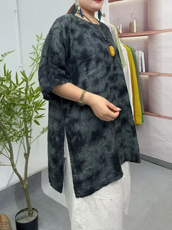 中长款扎染中国风短袖圆领T恤宽松夏季时髦小姨风