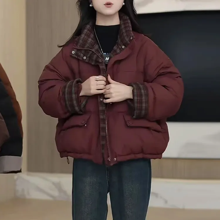 高级复古风立领短款羽绒棉服外套女2025秋冬季格子拼接加厚面包服