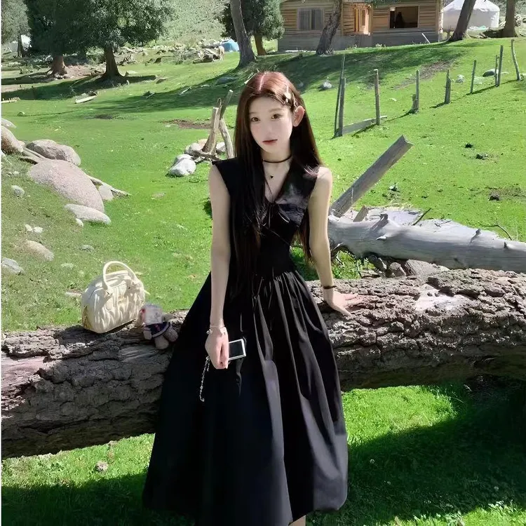 法式翻领系带蝴蝶结无袖连衣裙夏季领收腰显瘦黑色长裙夏