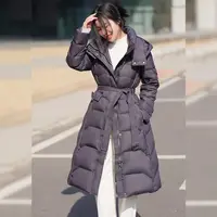 新款高端连帽立领防风保暖腰带修身中长款女式羽绒服YR019