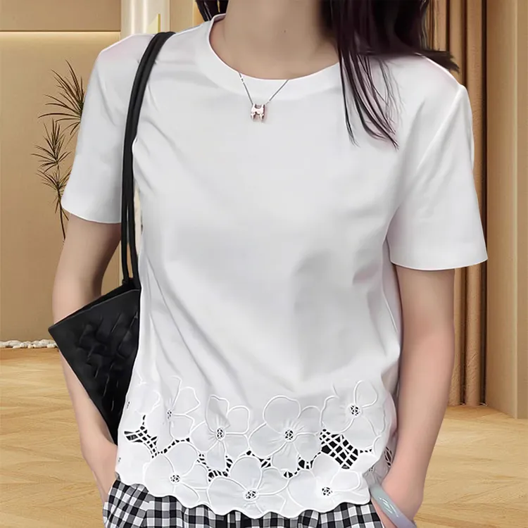 时尚钩花蕾丝正肩t恤不紧身显瘦休闲上衣夏季百搭女生韩系ins衣服