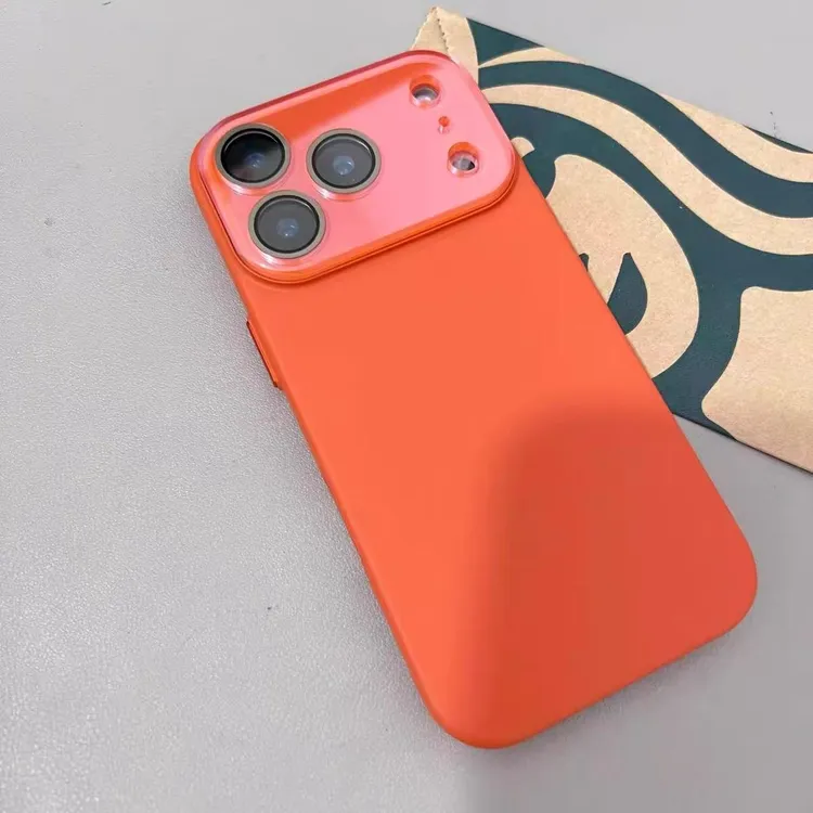 橙色荔枝纹适用苹果17promax手机壳自带镜头膜iphone16/15pro新款