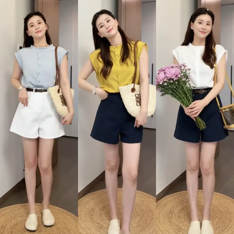 2025年夏季木耳边无袖小衫休闲短款两件套女装超好看时尚减龄套装