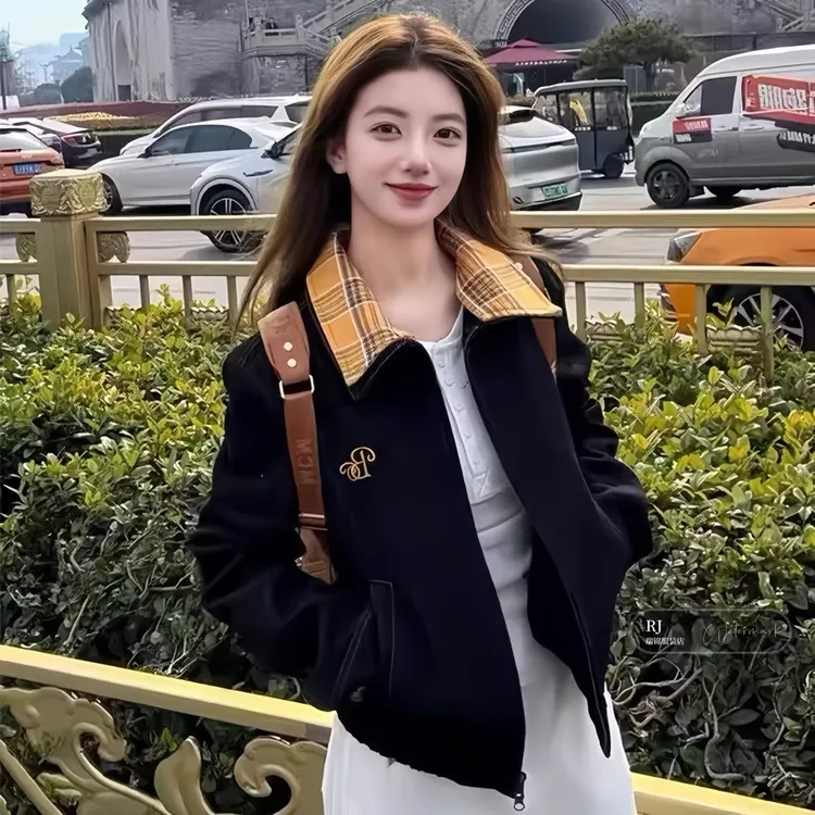 【RJ】美式复古拼接牛仔外套女秋冬设计感小众工装休闲风衣外套女