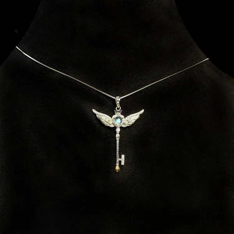 【天使之翼】天然月光石-翅膀权杖s925银吊坠-h27