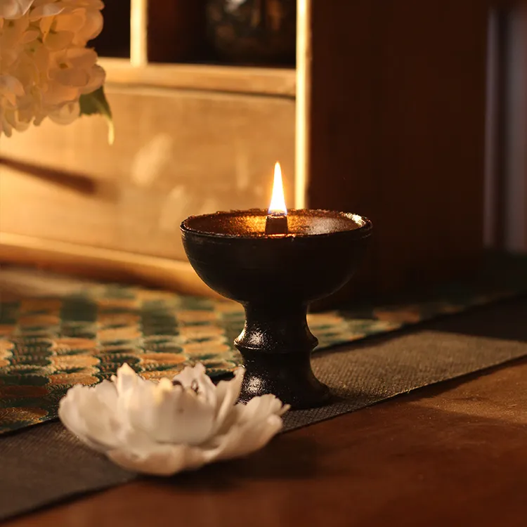 禅意茶桌配件中式酥油灯家用室内无烟环保纯手工油灯茶道粗陶