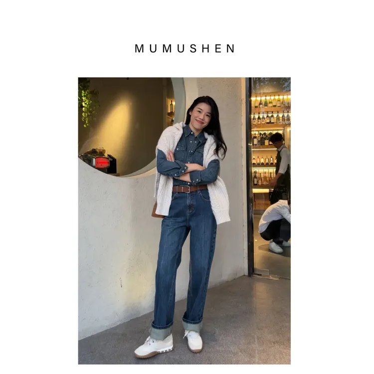 MUMUSHEN 复古高腰直筒水洗牛仔女牛仔裤