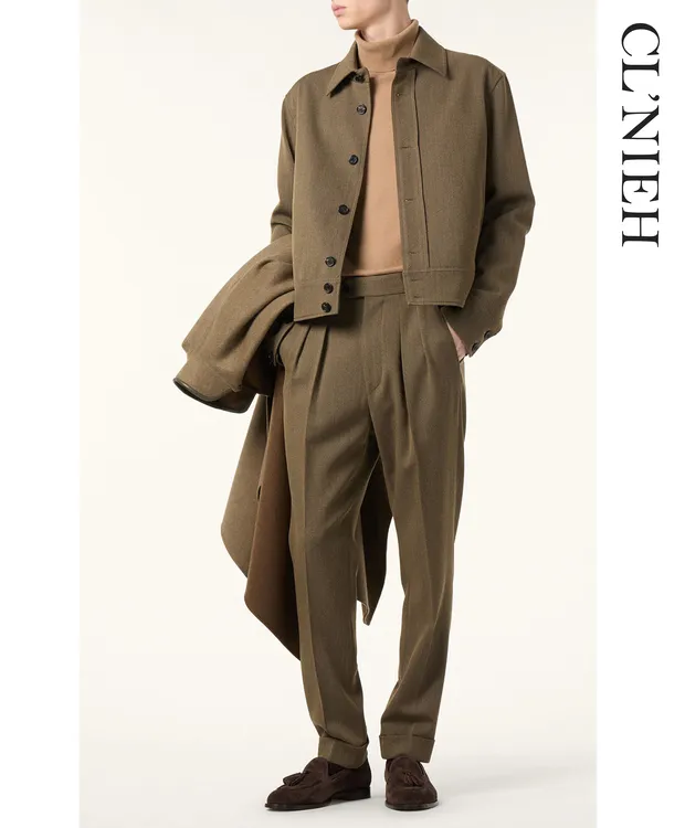 CLNIEH | 老钱风 强捻精纺全美丽诺羊毛 远山青咖色立裁休闲套装