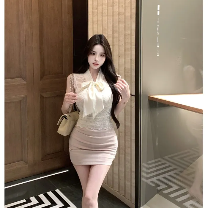 蝴蝶结绑带无袖背心女夏季蕾丝拼接修身短款上衣高腰包臀短裙套装
