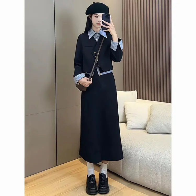 今年流行漂亮穿搭套装裙女春秋季气质感假两件小外套半身裙两件套