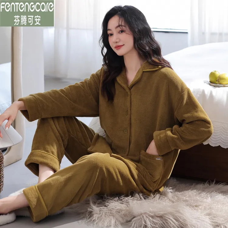 芬腾可安珊瑚绒睡衣女秋冬季加绒加厚翻领法兰绒冬天家居服加大码