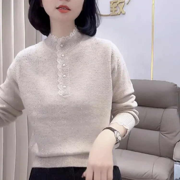 秋冬保暖荷叶领蕾丝长袖毛针织衫宽松上衣毛衣百搭休闲简约打底衫