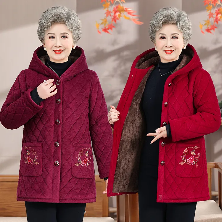60奶奶连帽棉袄70岁中老年人女装冬装加绒加厚棉服80妈妈装中长款