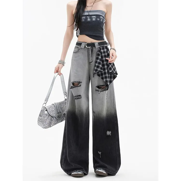 高街黑灰色渐变破洞阔腿牛仔裤女秋季辣妹显瘦格纹高腰宽松直筒裤