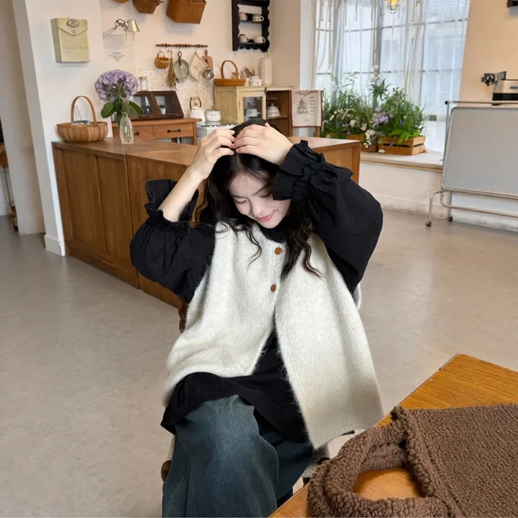 慵懒小香风马海毛毛衣开衫背心女秋冬季衬衫叠穿针织开衫坎肩上衣