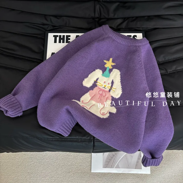 女童毛衣韩版卡通图提花保暖针织毛衣紫色长袖休闲风时髦洋气