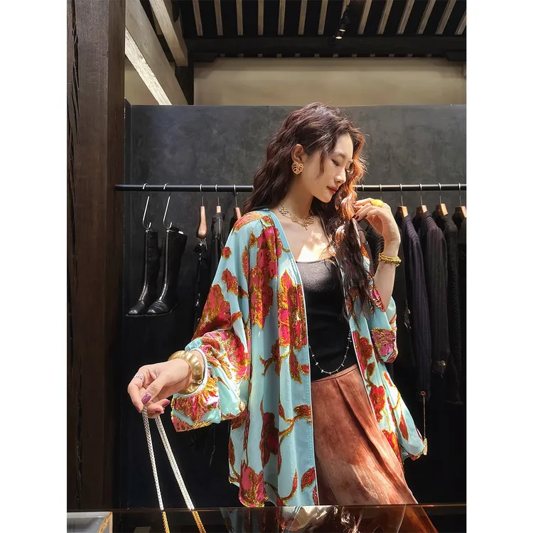 三吉黑花【南枝仙】新中式非遗梭织丝绒烂花衬衫女外套国风洋气潮