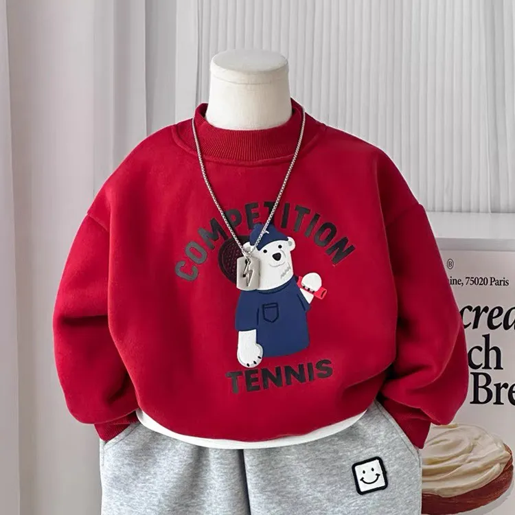 男童加绒卫衣2025冬季新款儿童一体绒打底衫加厚保暖男孩红色上衣