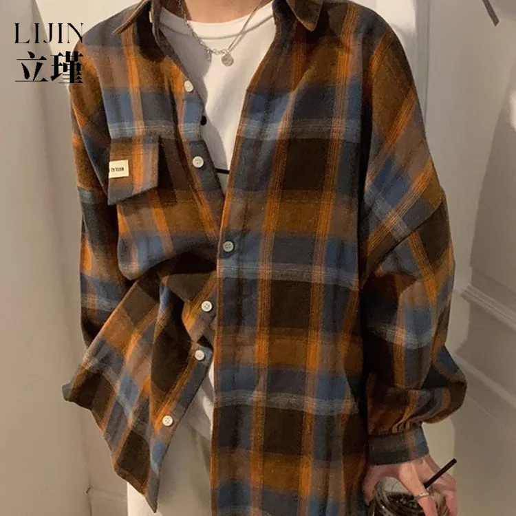 磨毛加厚格子衬衫女秋季美式复古叠穿上衣学院风中长款衬衣外套潮