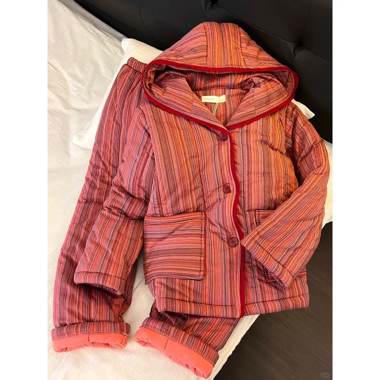 韩系高级连帽夹棉睡衣女秋冬新款加厚保暖棉服休闲家居服套装外穿