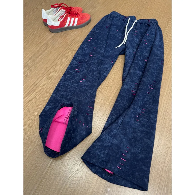 藏青色潮流破洞弯刀卫裤男款秋冬痞帅撞色痞帅时尚扎染垂感休闲裤