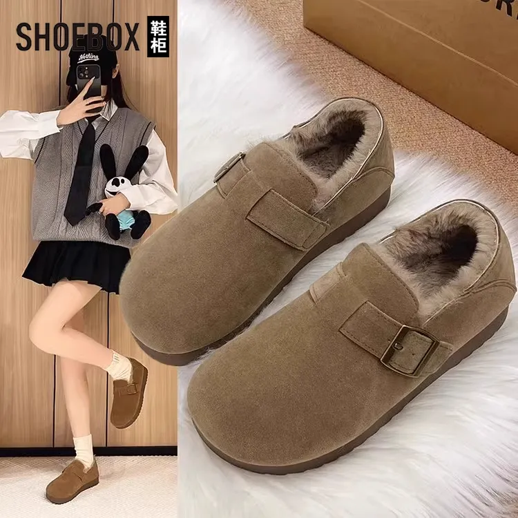 达芙妮旗下鞋柜全包勃肯鞋女2025冬季新款复古毛毛鞋加绒保暖棉鞋