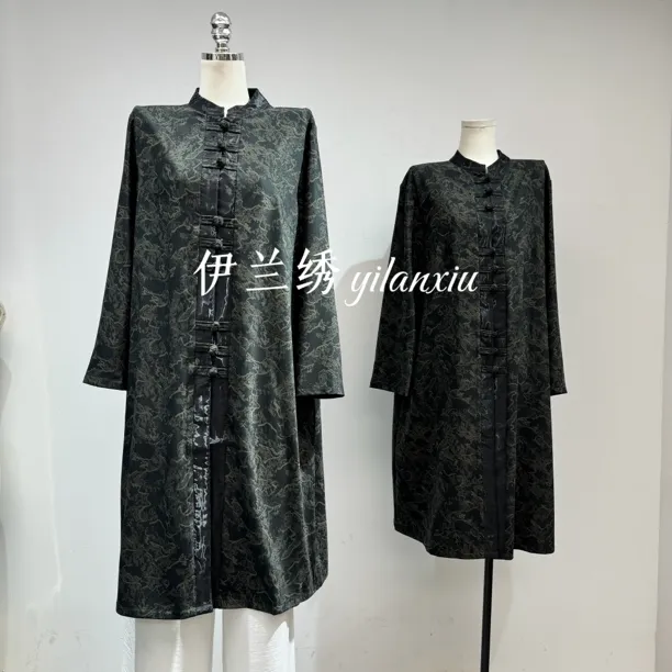 复古盘扣风衣中长款优雅立领民族风过膝外套