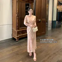 林关关【流彩梦境】轻熟气质后妈裙浪漫条纹印花撞色连衣长裙子