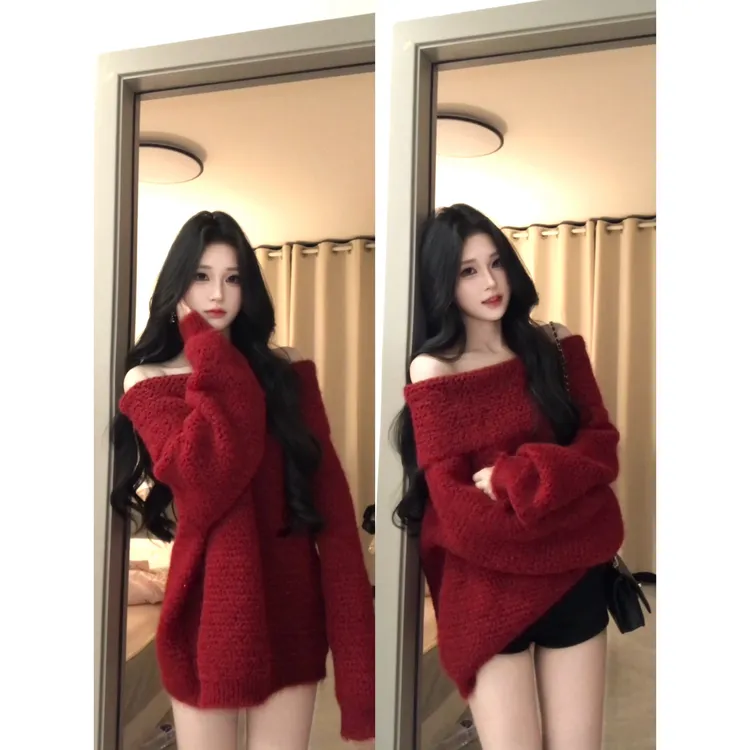 红色加厚带闪片针织长袖慵懒宽松一字肩秋冬毛衣