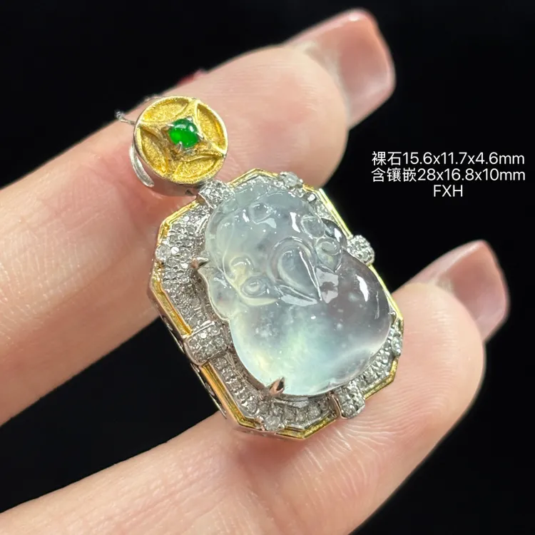 18K金镶嵌缅甸天然翡翠A货冰种雪花棉貔貅吊坠FXH（下单咨询客服）