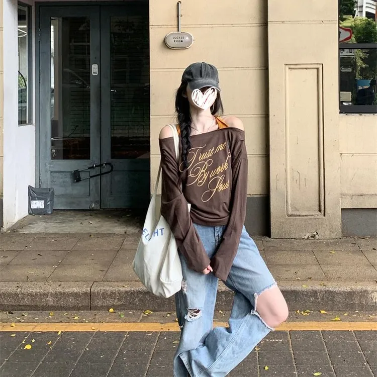 美式设计感字母印花挂脖长袖T恤女装秋季独特漂亮修身显瘦上衣潮