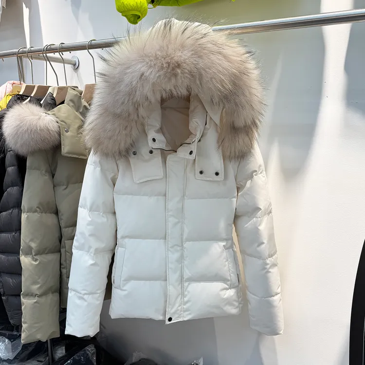 2025新款收腰版90白鸭绒羽绒服女冬季短款白色修身可拆卸毛领外套