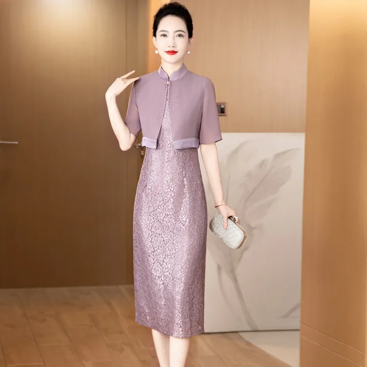 中老年喜妈妈年轻款宴会装礼服秋季改良旗袍新中式高级气质假两件