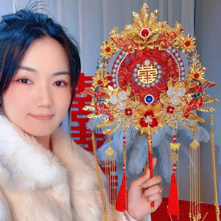 时光纪原创双面双色新娘结婚喜扇diy材料包成品新婚礼物出嫁团扇